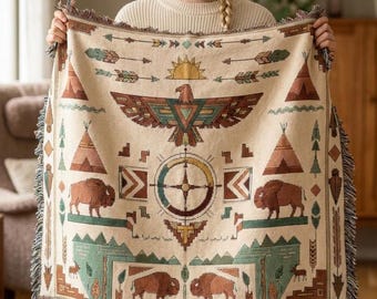 Southwestern Woven Blanket Sioux Indian Design Throw Earth Tones Hunting Cabin Blanket Rustic Decor Cozy Mothers Day Gift for Fathers Day