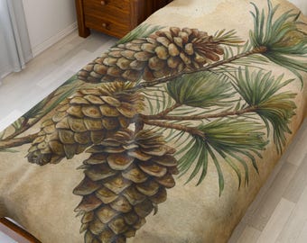 Manta de piña, rama de piña botánica vintage, felpa de terciopelo, regalo natural para excursionistas, decoración rústica de cabaña, manta de bosque