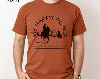 Equestrian Gift Men Trail Riding My Happy Place Shirt Horseback Riding Outdoor Adventure Horse Enthusiast Graphic Tee Cotton Apparel Barn