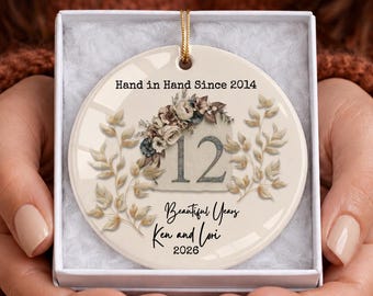 12th Anniversary Ornament, Personalized Silk Linen Wedding Gift, 12 Years Marriage Keepsake