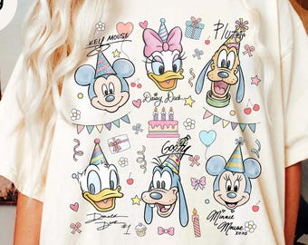 Mickey & Friends Signature Watercolor Birthday Shirt, Disney Birthday Gift Shirt, Disneyland Family Trip Matching Shirt, Disney Bday Squad
