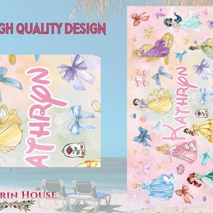 May include: A personalized beach towel featuring a watercolor design with princess illustrations, bows, and the name "Kathryn" in pink. The towel has a light pink and yellow background with the text "HIGH QUALITY DESIGN".