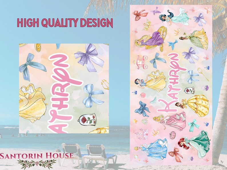 May include: A personalized beach towel featuring a watercolor design with princess illustrations, bows, and the name "Kathryn" in pink. The towel has a light pink and yellow background with the text "HIGH QUALITY DESIGN".
