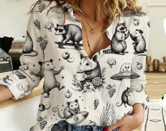 Funny Opossum & Racoon Women Blouse Shirt, Retro Botanical Button Down Blouse, Funny Gift for Her, Animal Lover Gift, Beach Summer Shirt