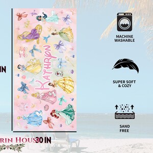 May include: A personalized beach towel featuring watercolor illustrations of princesses, bows, and the name "Kathryn". The towel is 60 inches long and 30 inches wide. It is machine washable, super soft, cozy, and sand-free.