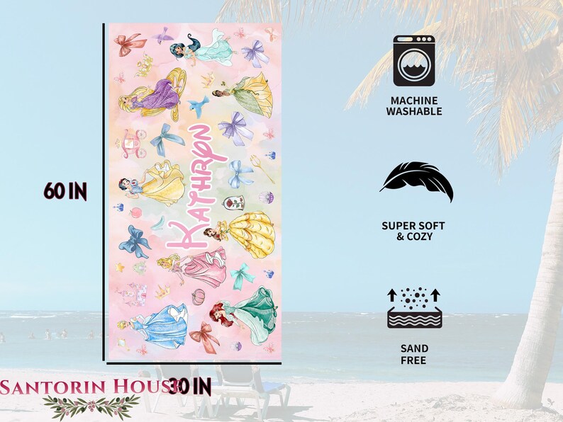 May include: A personalized beach towel featuring watercolor illustrations of princesses, bows, and the name "Kathryn". The towel is 60 inches long and 30 inches wide. It is machine washable, super soft, cozy, and sand-free.