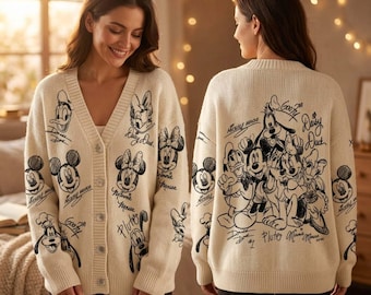 Retro Mickey And Friends Signature Wool Sweater, Mickey Minnie Signature Cardigan, Retro Magic Kingdom Outfit, Cartoon Character Sweater