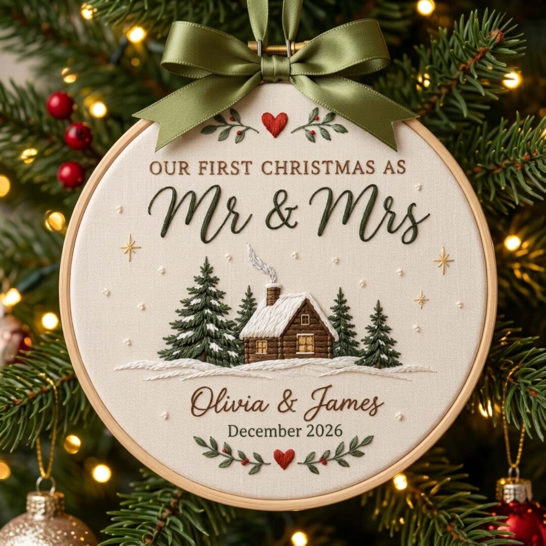First Christmas Married Embroidered Ornament, Personalized Mr & Mrs First Christmas Married Embroidered Ornament, Personalized Mr & Mrs