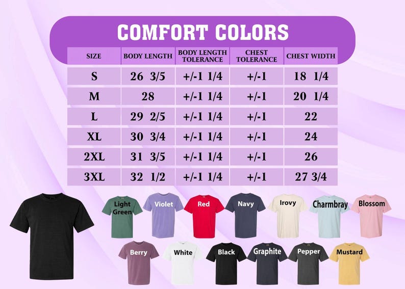 K&ouml;nnte beinhalten: Gr&ouml;&szlig;entabelle f&uuml;r Comfort Colors T-Shirts mit Ma&szlig;en in Zoll. Die Tabelle umfasst die Gr&ouml;&szlig;en S bis 3XL, K&ouml;rperl&auml;nge, Brustweite und Farboptionen wie Schwarz, Rot und Marineblau. Die K&ouml;rperl&auml;ngen variieren von 67,6 cm bis 82,5 cm.