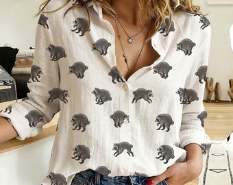 Jimothy Raccoon Linen Blouse Shirt, Famous Seattle Raccoon Women Shirt, Short King Jimothy Tee, Cute Trash Panda Shirt for Her, Gift for her