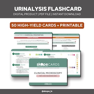 May include: A set of flashcards for "Urinalysis" with the text "Digital Product | PDF File | Instant Download." The cards are labelled "50 High-Yield Cards + Printable" and cover topics such as chemical properties and urinary crystals.