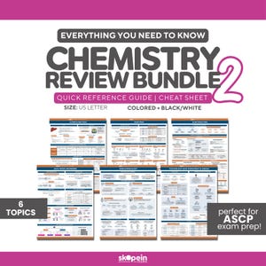Könnte beinhalten: Ein Bundle mit sechs Chemie-Nachschlagewerken. Der Titel lautet "Chemistry Review Bundle 2" mit dem Text "Everything You Need to Know". Die Guides behandeln Themen wie "Leberfunktion" und "Säure-Basen-Störungen". Größe: US Letter.