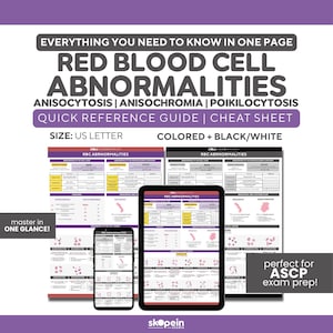 May include: A quick reference guide and cheat sheet for red blood cell abnormalities, including anisocytosis, anisochromia, and poikilocytosis. The guide is available in color and black/white, US letter size, and is designed for exam prep. The text includes "Everything You Need to Know in One Page."