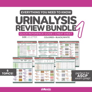Peut inclure: Un ensemble de six guides de révision d'analyse d'urine, comprenant un guide de référence rapide et une antisèche. Les guides sont au format US Letter et disponibles en couleur et en noir et blanc. Ils couvrent six sujets.