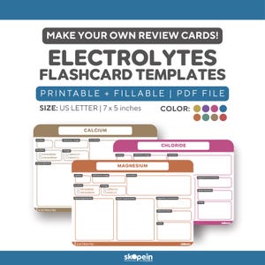 Puede incluir: Plantillas de tarjetas didácticas de electrolitos en tamaño US Letter (17,78 x 12,7 cm). El archivo PDF imprimible y rellenable incluye tarjetas para calcio, magnesio y cloruro. La paleta de colores incluye tonos marrones, rosas y verde azulado.