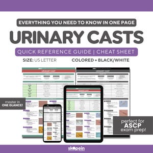 Peut inclure: Un guide de référence rapide et une antisèche intitulés "URINARY CASTS" avec le texte "TOUT CE QUE VOUS DEVEZ SAVOIR EN UNE PAGE". Le guide est disponible au format US Letter et en couleur et noir/blanc. L'image comprend un téléphone, une tablette et des impressions.