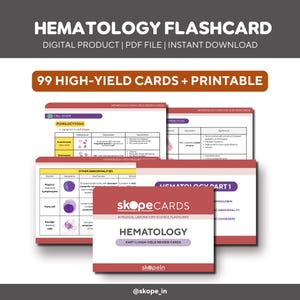 Op de afbeelding: Een stapel hematologie flashcards met de tekst "Hematology Flashcard" en "99 High-Yield Cards + Printable." De kaarten bevatten medische diagrammen en tekst, waaronder "Cell Shape" en "Other Abnormalities."