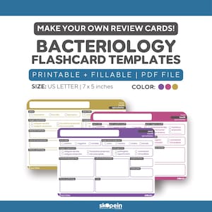 May include: Bacteriology flashcard templates in gold, purple, and pink. The printable and fillable PDF file is US Letter size, 17.78 x 12.7 cm. The cards are designed for review and study.