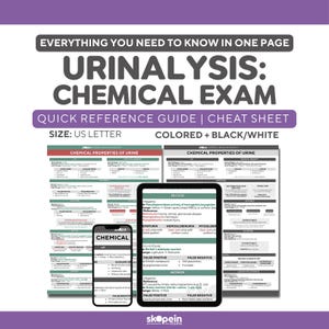 Peut inclure: Un guide de référence rapide ou une antisèche pour les examens chimiques d'analyse d'urine. Le guide est disponible en couleur et en noir et blanc, et est au format US Letter. Le guide est affiché sur une tablette et un smartphone.
