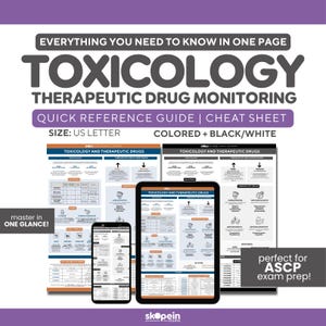 Könnte beinhalten: Schnellreferenz für Toxikologie und therapeutisches Drug Monitoring. Der Leitfaden ist in Farbe und Schwarzweiß, US Letter-Größe erhältlich. Das Bild zeigt den Leitfaden auf Papier, Tablet und Smartphone.