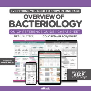Peut inclure: Un guide de référence rapide et une antisèche intitulés "Overview of Bacteriology" sont affichés sur une tablette, un téléphone et des feuilles imprimées. Le guide est disponible en couleur et en noir et blanc, format US Letter. Le texte comprend "Everything You Need to Know in One Page."