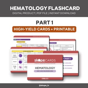 May include: A set of hematology flashcards, titled "Hematology Part 1 High-Yield Review Cards." The cards display medical information, diagrams, and the "skopeCARDS" logo. The top of the image reads "Hematology Flashcard."