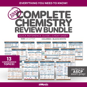 Peut inclure: Un ensemble complet de révision de chimie avec 13 sujets complets. L'ensemble comprend un guide de référence rapide et une antisèche, au format US Letter. L'ensemble est disponible en versions couleur et noir/blanc. Le texte dit "perfect for ASCP exam prep!"