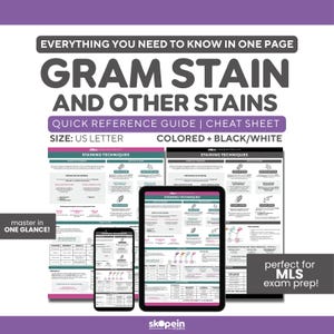 May include: A quick reference guide titled "Gram Stain and Other Stains" is displayed on a tablet, phone, and printed paper. The guide includes the text "Everything You Need to Know in One Page" and "Quick Reference Guide | Cheat Sheet."