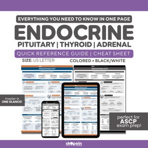 Peut inclure: Guide de référence rapide et aide-mémoire sur le système endocrinien, disponible en couleur et en noir et blanc, format US Letter. L'image montre le guide sur une tablette, un smartphone et des feuilles imprimées. Le texte indique 'Tout ce que vous devez savoir'.
