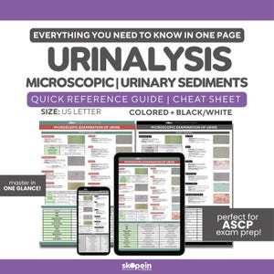 May include: A quick reference guide for urinalysis, featuring microscopic examination of urine. The guide is available in colour and black/white, in US Letter size. The image shows the guide on a phone, tablet, and printed on paper.