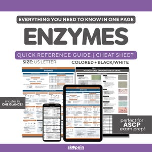 Peut inclure: Un guide de référence rapide intitulé "ENZYMES" avec le texte "Tout ce que vous devez savoir en une page". Le guide est disponible au format US Letter et en couleur ou noir et blanc. L'image montre le guide sur un téléphone, une tablette et imprimé. Le guide est pour la préparation à l'examen ASCP.