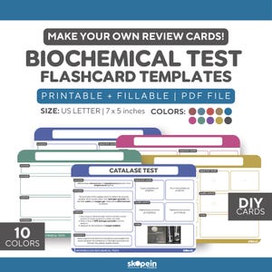 Puede incluir: Plantillas de tarjetas de prueba bioquímica con el texto "MAKE YOUR OWN REVIEW CARDS!" y "BIOCHEMICAL TEST FLASHCARD TEMPLATES". Las plantillas son imprimibles y rellenables, de 17,78 x 12,7 cm y disponibles en 10 colores.