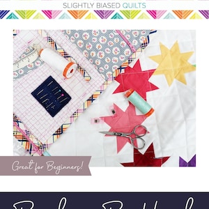 Könnte beinhalten: Ein Tutorial zum Handnähen einer Quiltbindung, mit einer Quiltdecke mit Sternenmuster in den Farben Rosa, Rot, Gelb und Lila. Der Text "Binding By Hand" und "A Tutorial by Slightly Biased Quilts" ist auf dem Bild zu sehen.