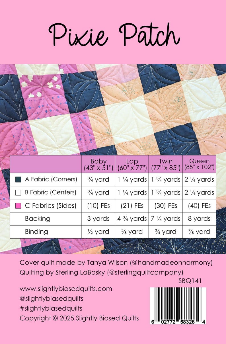 May include: A quilt pattern called "Pixie Patch" with fabric requirements for different sizes: Baby (43" x 51"), Lap (60" x 77"), Twin (77" x 85"), and Queen (85" x 102"). The pattern includes fabric types: A Fabric (Corners), B Fabric (Centers), and C Fabrics (Sides). It also lists the yardage needed for backing and binding.
