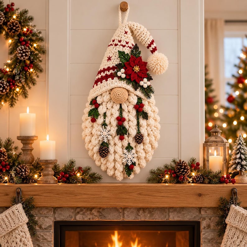 May include: A cream-coloured crocheted gnome wall hanging featuring a tall pointed hat with red stripes and a pom-pom. The gnome has a textured beard adorned with red berries, green leaves, a red poinsettia, white snowflakes, and small pinecones.