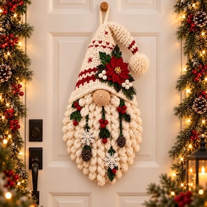 Jultomtevirkmönster PDF, Tomtedörrdekor, Dörr- och väggbonad Tomteskäggprydnad, Juldörrhängare Amigurumi, Högtidsdekor