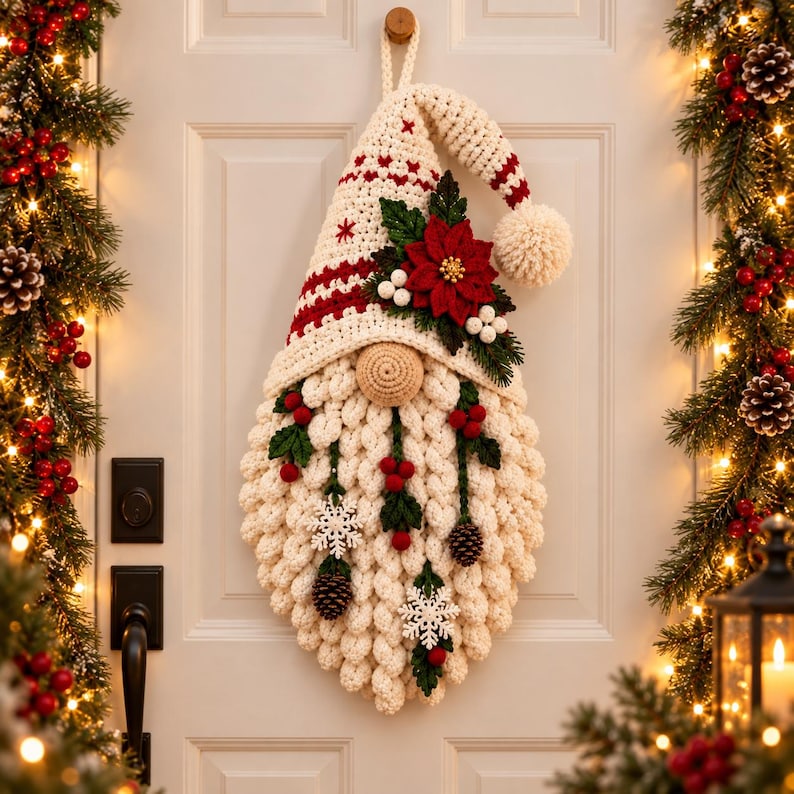 May include: A crocheted Christmas gnome wall hanging featuring a tall cream-coloured hat with red stripes and a pom-pom, a large beige nose, and a thick cream-coloured beard decorated with red berries, green leaves, pinecones, and white snowflakes.