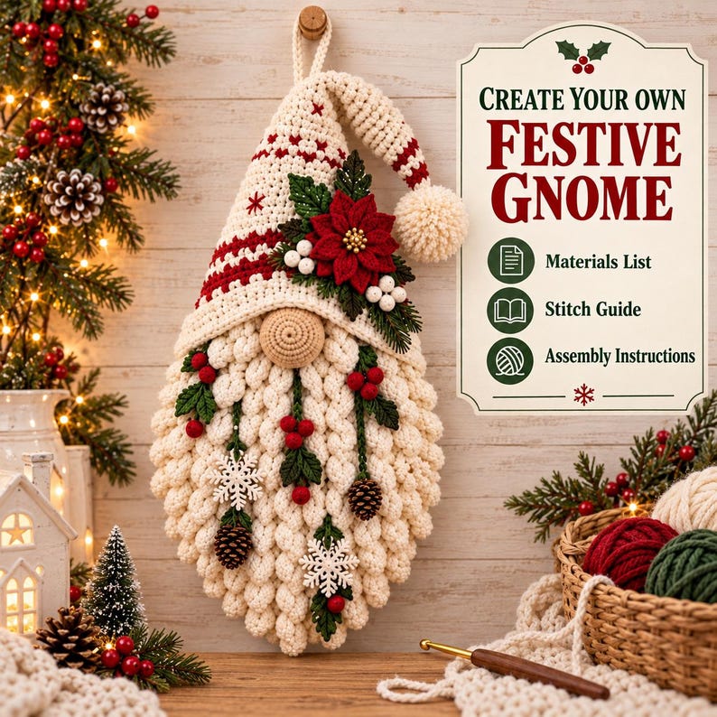May include: A crocheted gnome wall hanging with a cream-coloured hat and beard, decorated with red poinsettias, berries, pinecones, and white snowflakes. Text on the right reads: CREATE YOUR OWN FESTIVE GNOME, Materials List, Stitch Guide, Assembly Instructions.