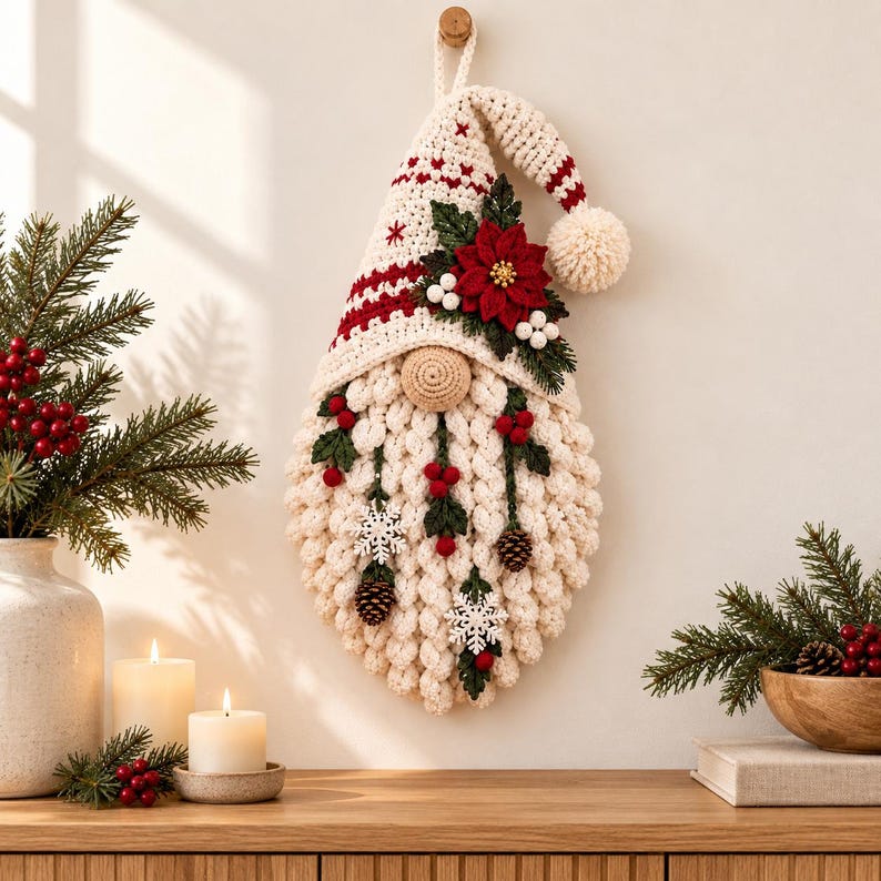 May include: A crocheted wall hanging in the shape of a gnome with a cream-coloured hat featuring red stripes and a pom-pom. The gnome has a beige nose and a textured cream beard decorated with red berries, green leaves, pinecones, and white snowflakes.