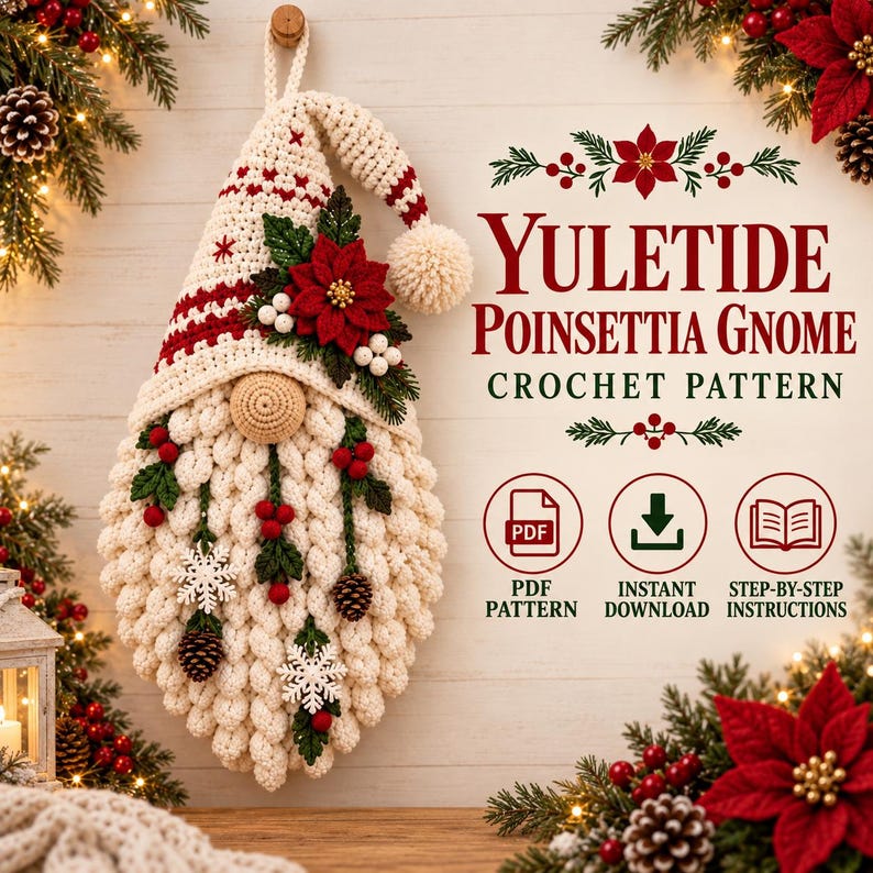 May include: A crochet gnome wall hanging with a cream and red hat, a cream textured beard, and decorative poinsettia, berry, pinecone, and snowflake accents. Text reads: YULETIDE POINSETTIA GNOME CROCHET PATTERN, PDF PATTERN, INSTANT DOWNLOAD, STEP-BY-STEP INSTRUCTIONS.