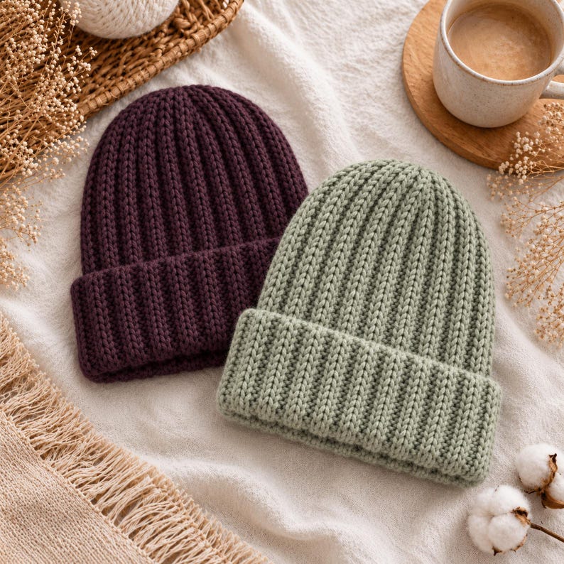 Może przedstawiać: Dwie czapki typu beanie z dzianiny o prążkowanej fakturze z wywiniętym mankietem. Jedna czapka jest w kolorze głębokiego śliwkowego fioletu, a druga w kolorze delikatnej szałwiowej zieleni. Obie czapki mają gruby splot z wyraźnymi pionowymi liniami.