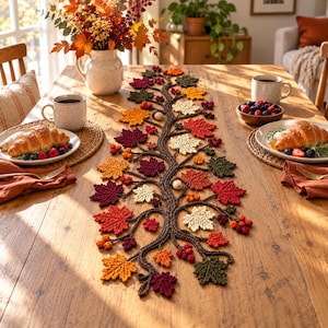 May include: A crocheted table runner featuring a central brown branch design adorned with various autumn-colored leaves in shades of red, orange, yellow, and green, accented with small clusters of berries and light-colored acorns.