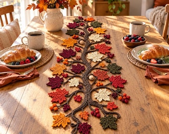 Pode incluir: Um caminho de mesa de crochê com um design central de galhos marrons adornado com várias folhas de cores outonais em tons de vermelho, laranja, amarelo e verde, acentuado com pequenos cachos de bagas e bolotas claras.