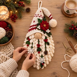 May include: A crocheted Christmas gnome wall hanging featuring a cream-coloured hat with red stripes and a pom-pom, a textured cream beard, a central round nose, and decorative accents including a red poinsettia, green leaves, red berries, and white snowflakes.