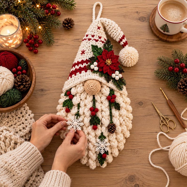 May include: A crocheted Christmas gnome wall hanging featuring a cream-coloured hat with red stripes and a pom-pom, a textured cream beard, a central round nose, and decorative accents including a red poinsettia, green leaves, red berries, and white snowflakes.