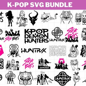 May include: A selection of black and white K-Pop SVG designs, featuring stylized figures, logos, and text elements. The designs include various graphics, such as a lion, a tiger, and the text "K-POP SVG BUNDLE". The text "SAJA BOYS", "K-POP DEMON HUNTERS", and "HUNTRX" are also present.