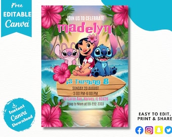 Invito di compleanno di Lilo & Stitch, modello Canva modificabile, invito per feste per bambini (download digitale)
