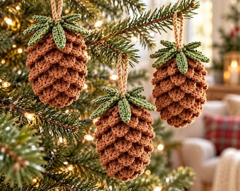 Pode incluir: Três ornamentos de pinha feitos de crochê pendurados em uma árvore de Natal. Cada ornamento apresenta um corpo marrom texturizado com folhas verdes de crochê no topo e um laço de corda bege para pendurar na árvore.