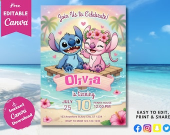Lilo & Stitch Birthday Invitation, Editable Canva Template, Kids Party Invite (Digital Download)