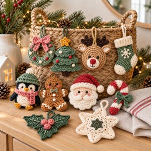 May include: A collection of crocheted Christmas ornaments including a wreath, tree, reindeer, stocking, penguin, gingerbread person, Santa Claus, candy cane, holly leaves with berries, and a star, all featuring detailed yarn textures and colors.